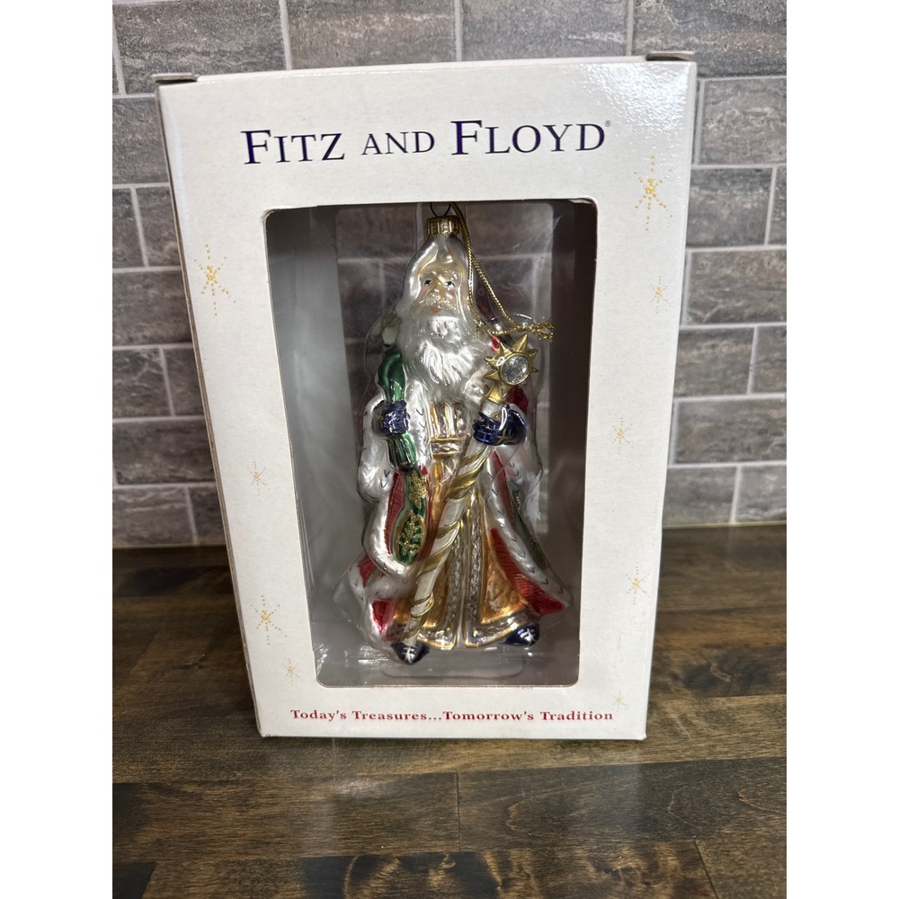 Fitz and Floyd Large Santa Holding Staff Glass Christmas Ornament New in Box